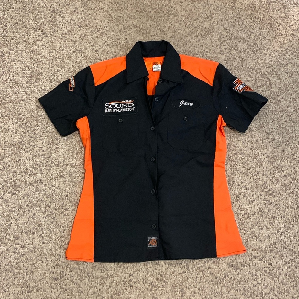 Vtg Harley Davidson genuine work wear button up orange black sexy work shirt XS - Picture 1 of 6
